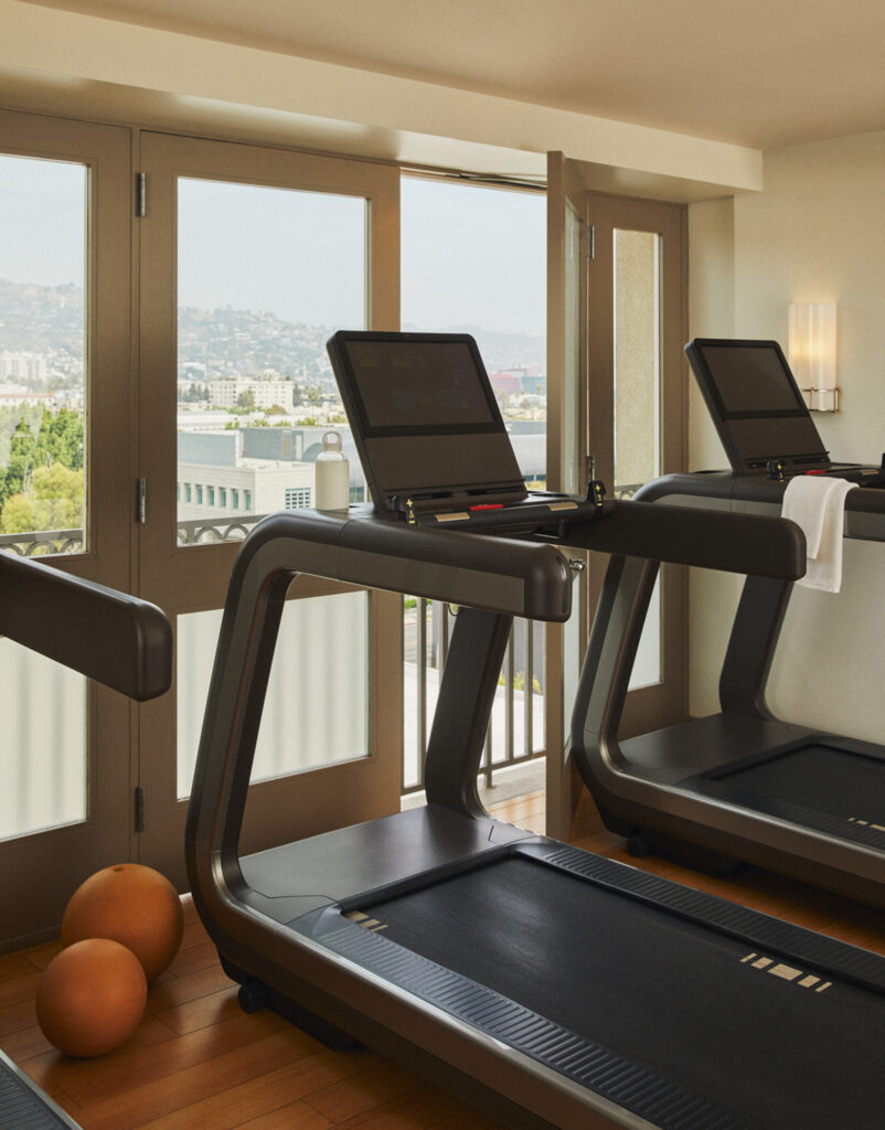 Treadmills facing windows with city view