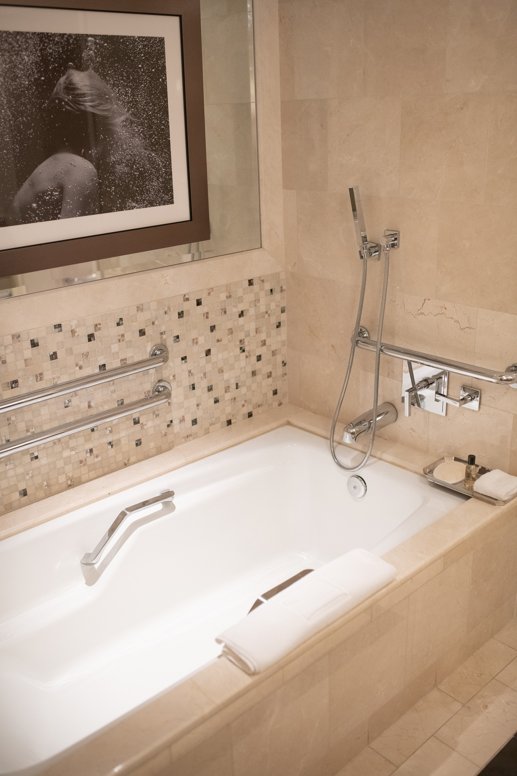 Accessible bathtub with mosaic tile wall and handheld shower