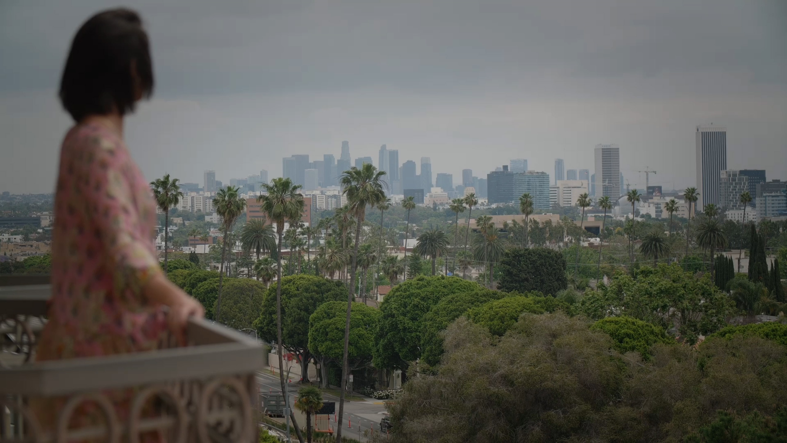 Guest on balcony overlooking palm trees and city skyline