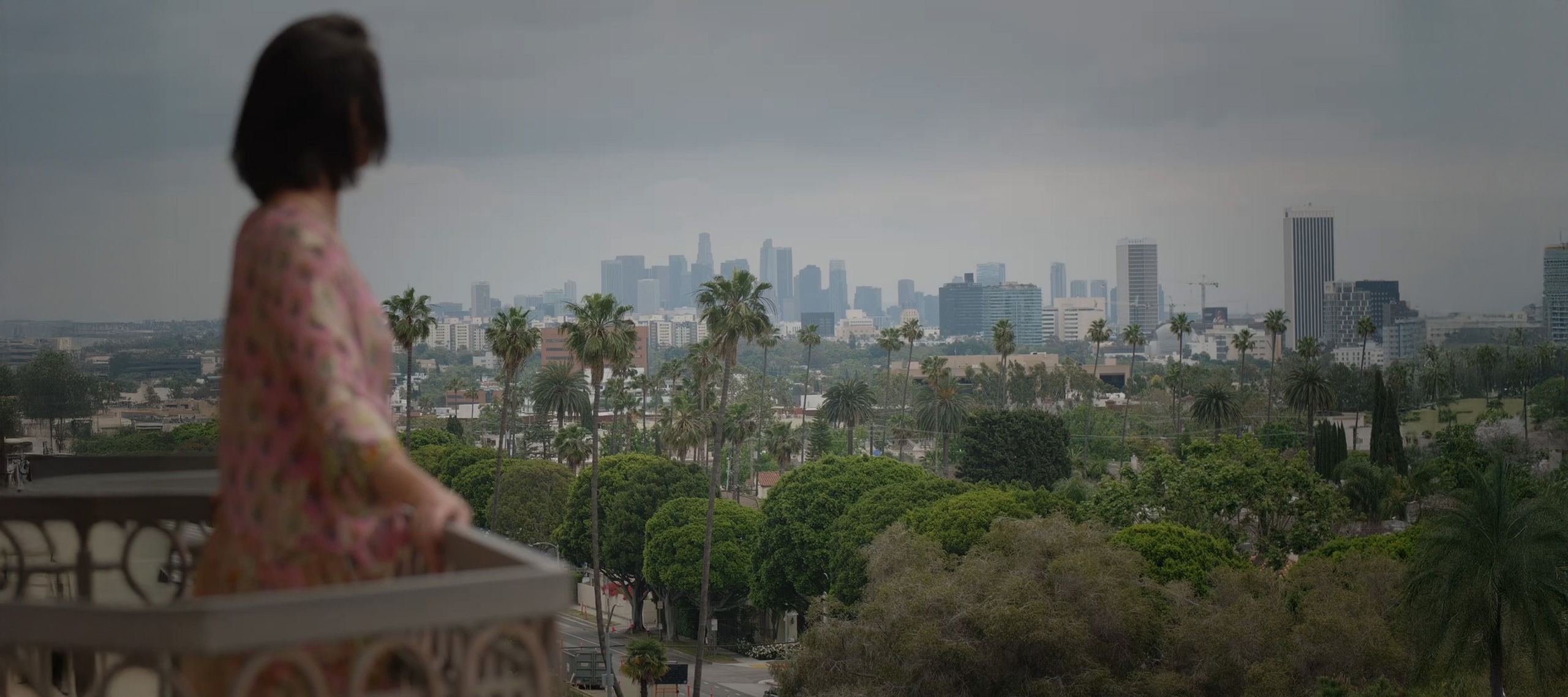Guest on balcony overlooking palm trees and city skyline