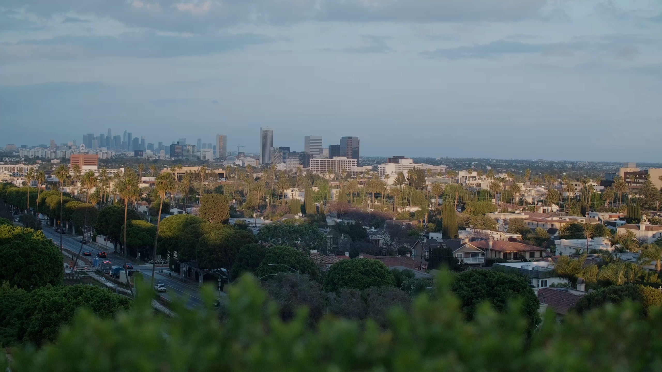 Los Angeles neighborhood skyline view in evening light