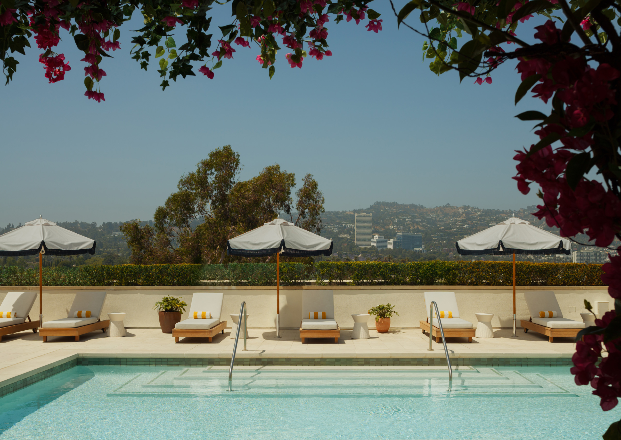 Rooftop pool framed by bougainvillea and hillside views