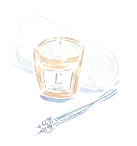 Watercolor illustration of spa items including a candle, towel, and lavender