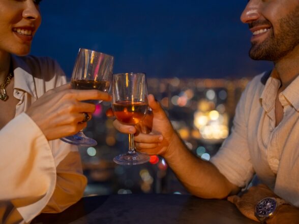 couple celebrating with wine